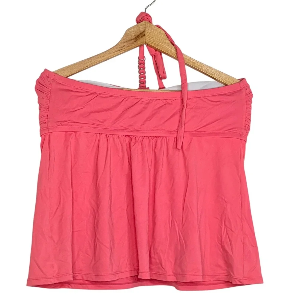 Beach House Tankini Top 16W Salmon Pink Halter O-Ring Ruched Swimwear‎ HW85081